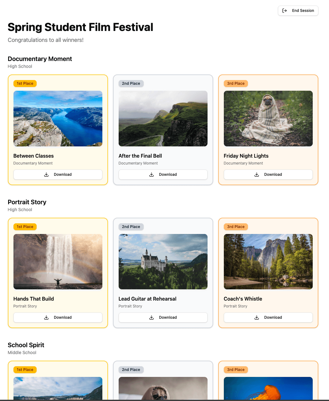 Published winner showcase with first, second, and third place per category
